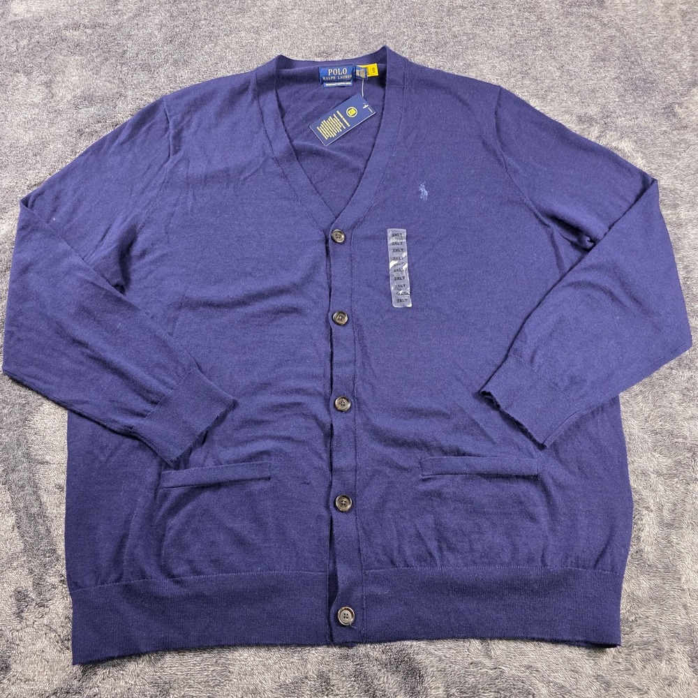 Polo Ralph Lauren Washable Merino Wool Cardigan Mens Big Tall 2XLT Blue Money